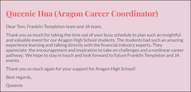 Thank you note from Qeenie Hua, Aragon Career Coordinator