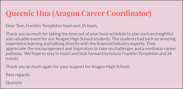 Letter of thanks from Qeenie Hua, Aragon Career Coordinator