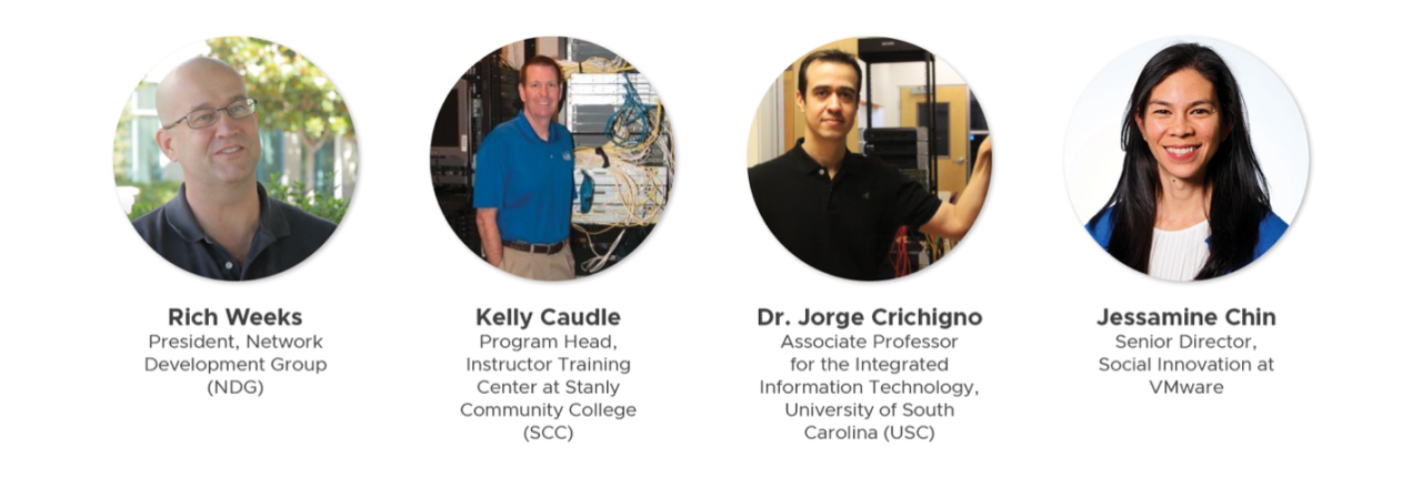 Rich Weeks (NDG), Kelly Caudle (SCC), Dr. Jorge Crichigno (USC) and Jessamine Chin (VMware)