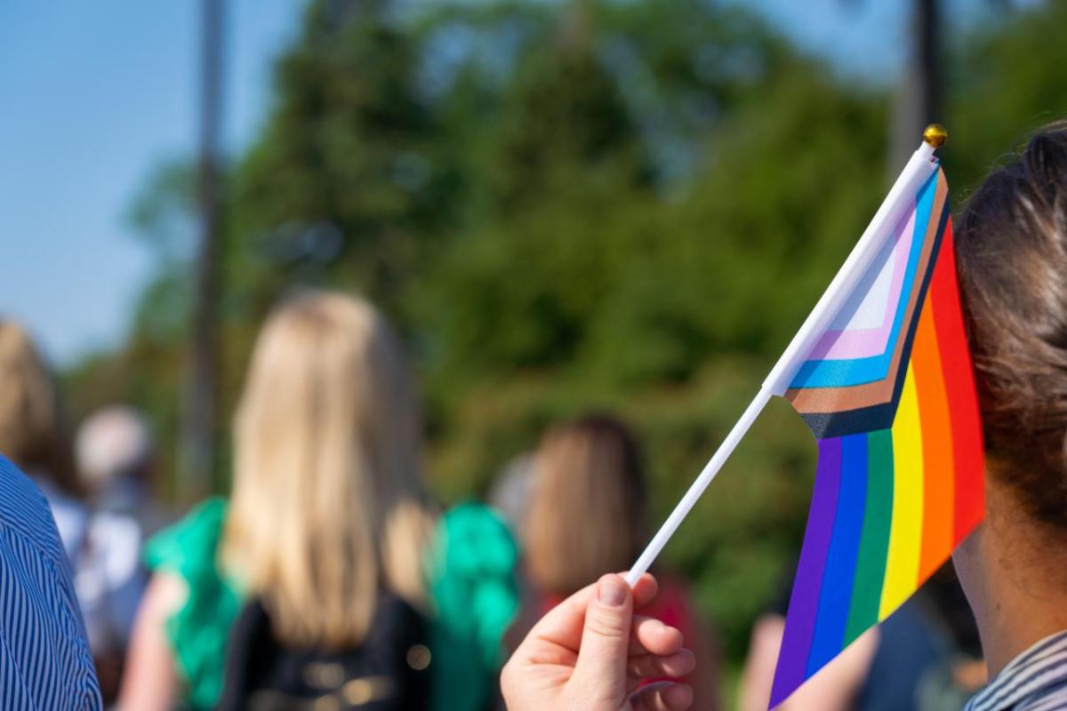 Person holding a Pride flag.