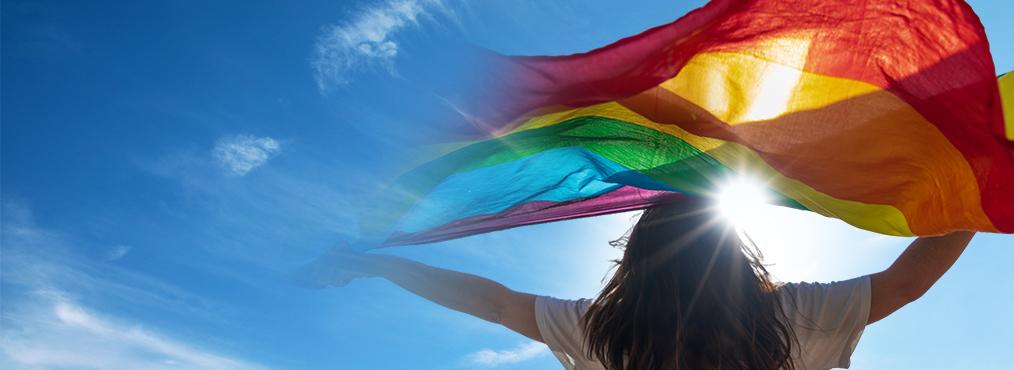 A person looking towards a sun in an open blue sky holding up a rainbow flag.