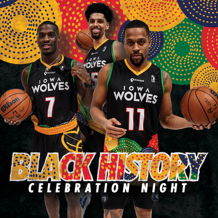 Black History Celebration Night: Three African American basketball players are shown wearing Iowa Wolves shirts.