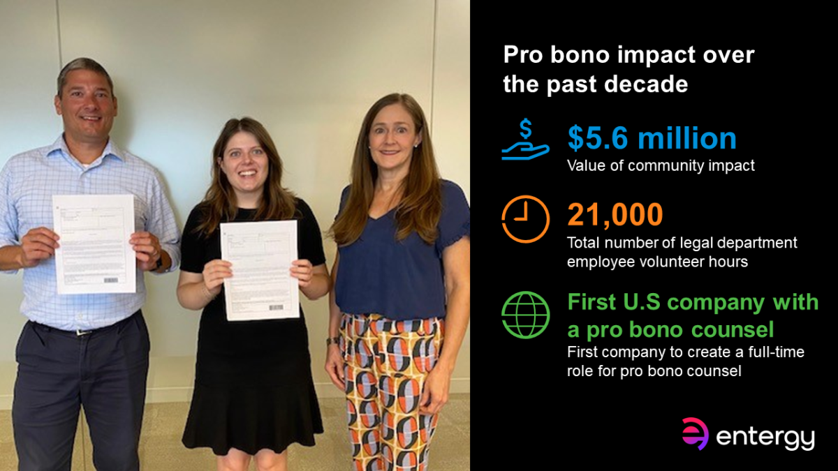 People smiling with "Pro bono impact over the past decade" with facts
