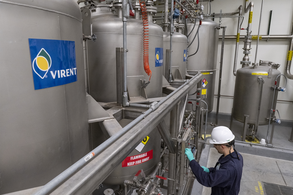 An employee working in Virent’s product storage room.