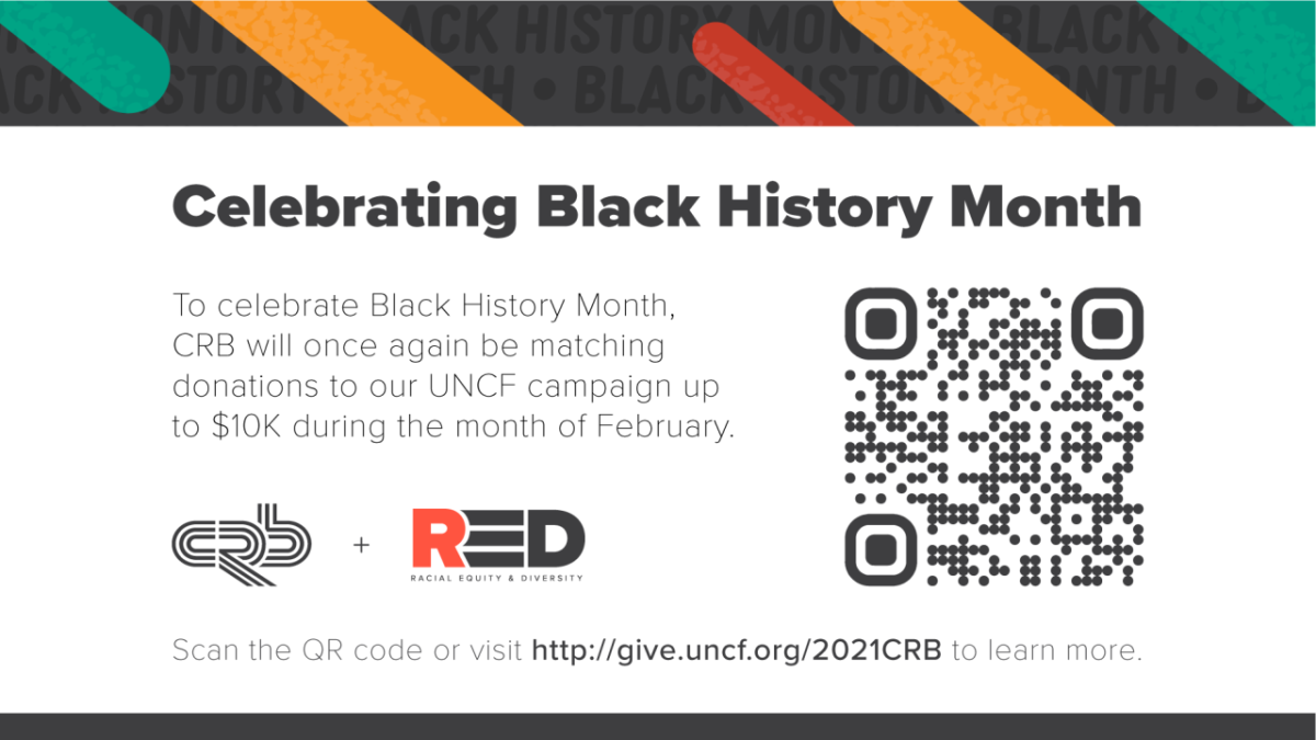 Flyer for CRB's 2023 UNCF Campaign "Celebrating Black History Month" with QR code. 