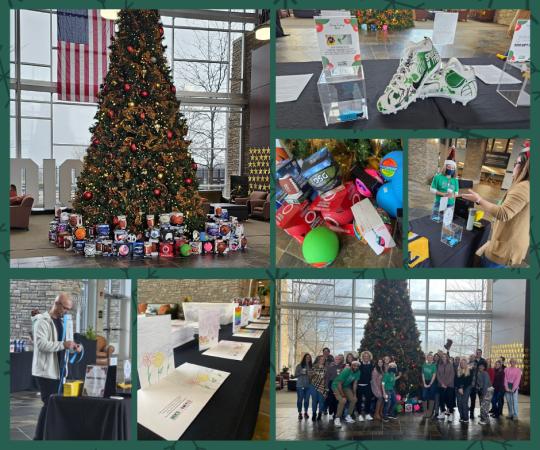 Giving Tuesday collage showing a large Christmas tree with packages underneath it.