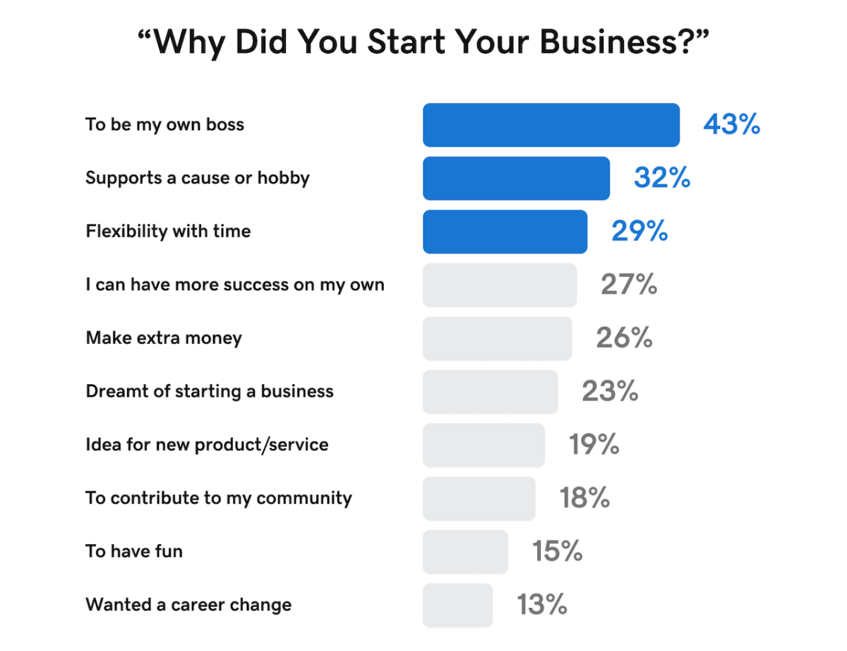 "Why Did You Start Your Business?" To be my own boss Supports a cause or hobby Flexibility with time I can have more success on my own Make extra money Dreamt of starting a business Idea for new product service To contribute to my community To have fun Wanted a career change.