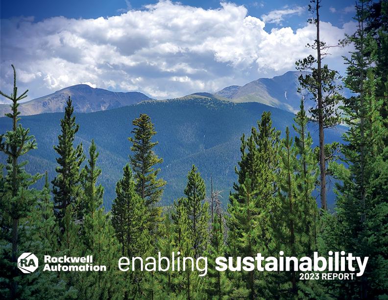 "enabling sustainability 2023 report" with logo and image of forest and mountains