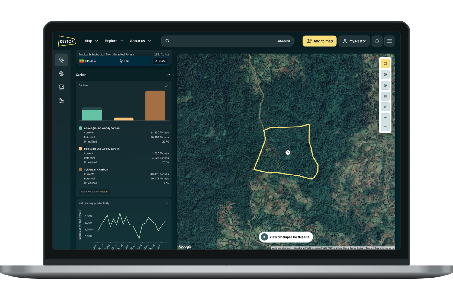 Information about the carbon sequestered on Desta's Coffee Jungle Farm displayed on Restor. 