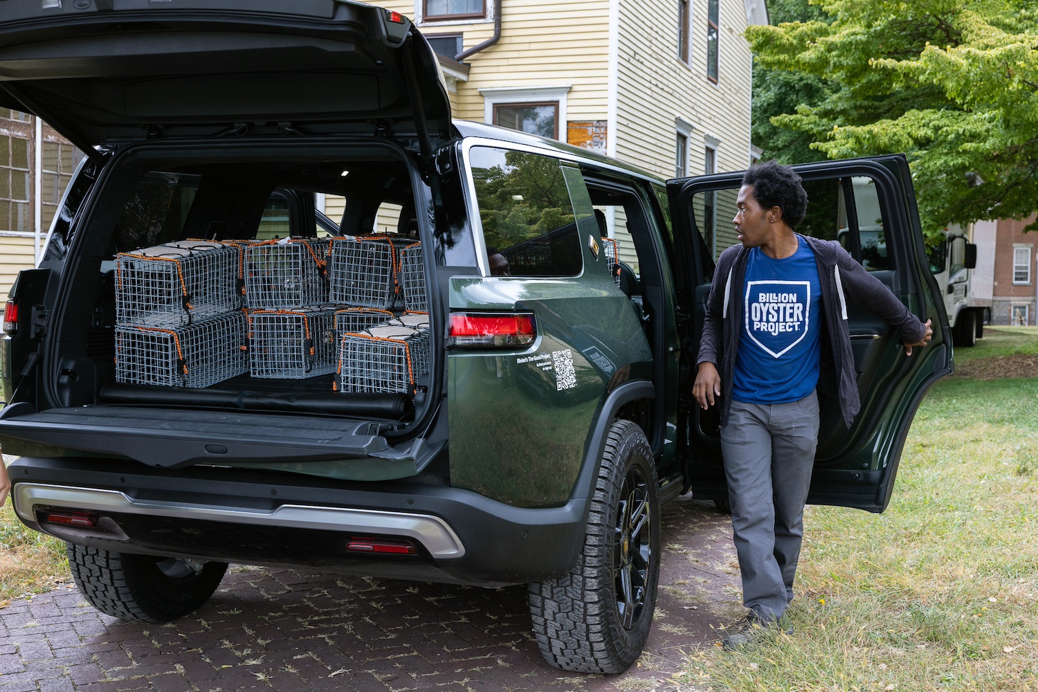 Oyster cages loaded up in the back of a Rivian R1 — The Good Project