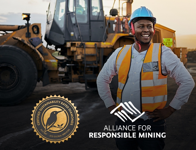 Worker wearing hardhat and orange vest with Alliance for Responsible Mining logo and SCS Global Services (SCS) superimposed