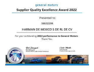 Supplier Quality Excellence Award 2022: HARMAN Mexico.