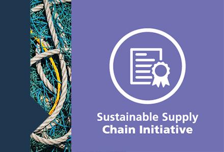 A purple background with white text that reads "Sustainable Supply Chain Initiative", above is an illustration of a certificate and rosette