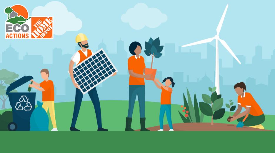 The Home Depot Sustainability Squad: Illustration of people planting flowers and recycling.
