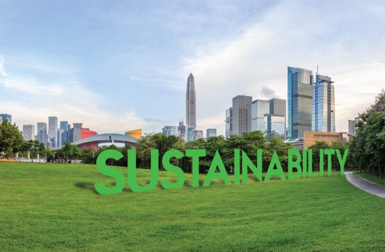 the word "sustainability" in front of a cityscape