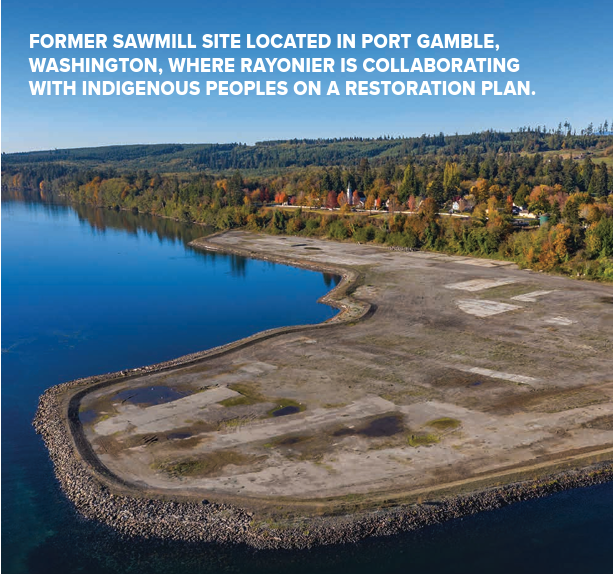 "Former sawmill site located in Port Gamble, Washington, where Rayonier is collaborating with Indigenous Peoples on a restoration plan."