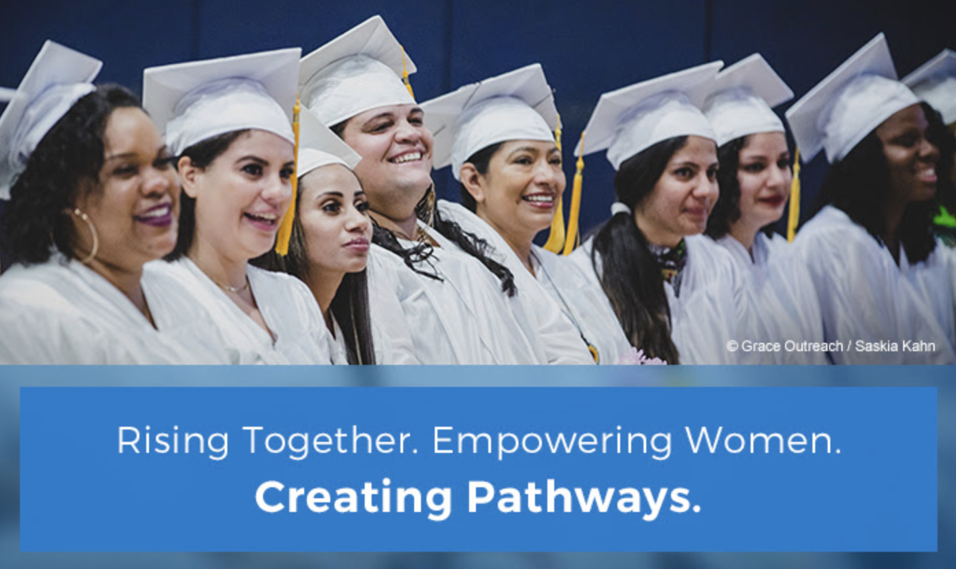 Group of graduates. Text reads: Rising Together. Empowering Women. Creating Pathways.