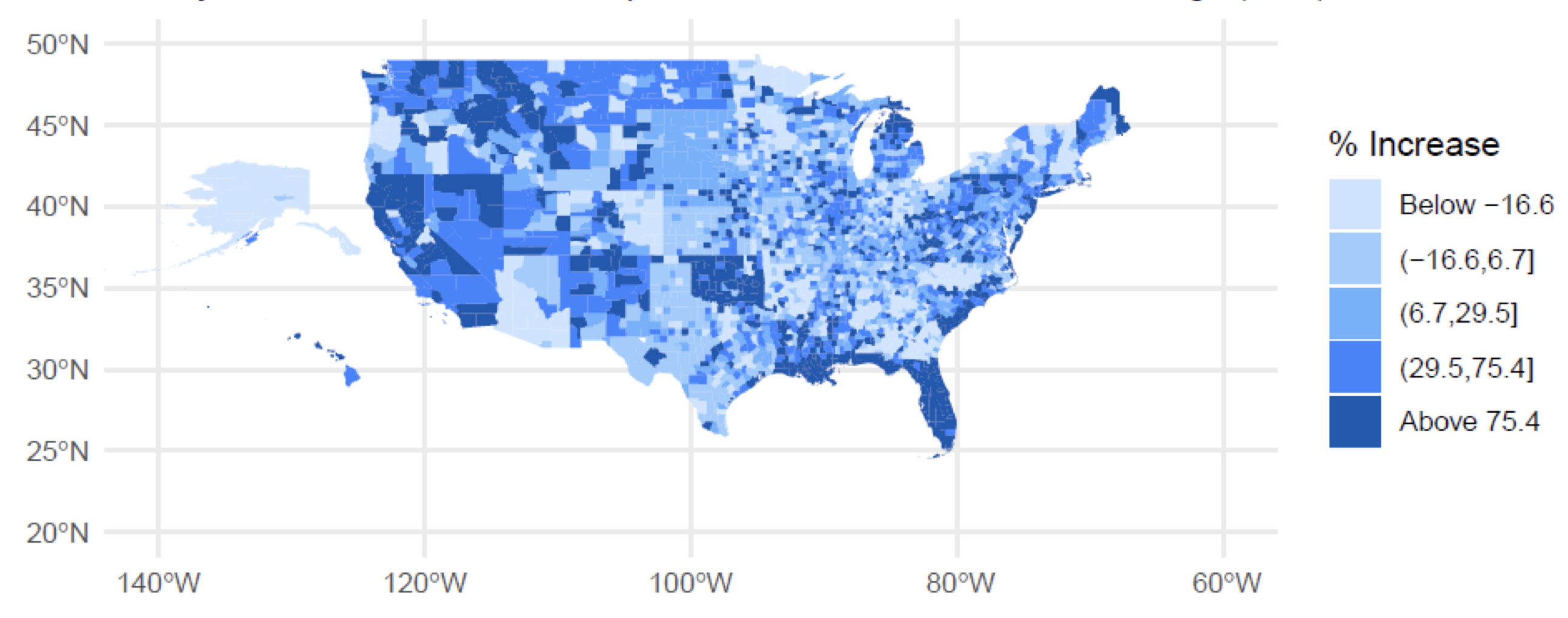 U.S. insurance non-renewal percentage increases by county from 2018 to 2023 