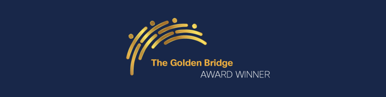 "The Golden Bridge award winner" and logo on a dark blue background