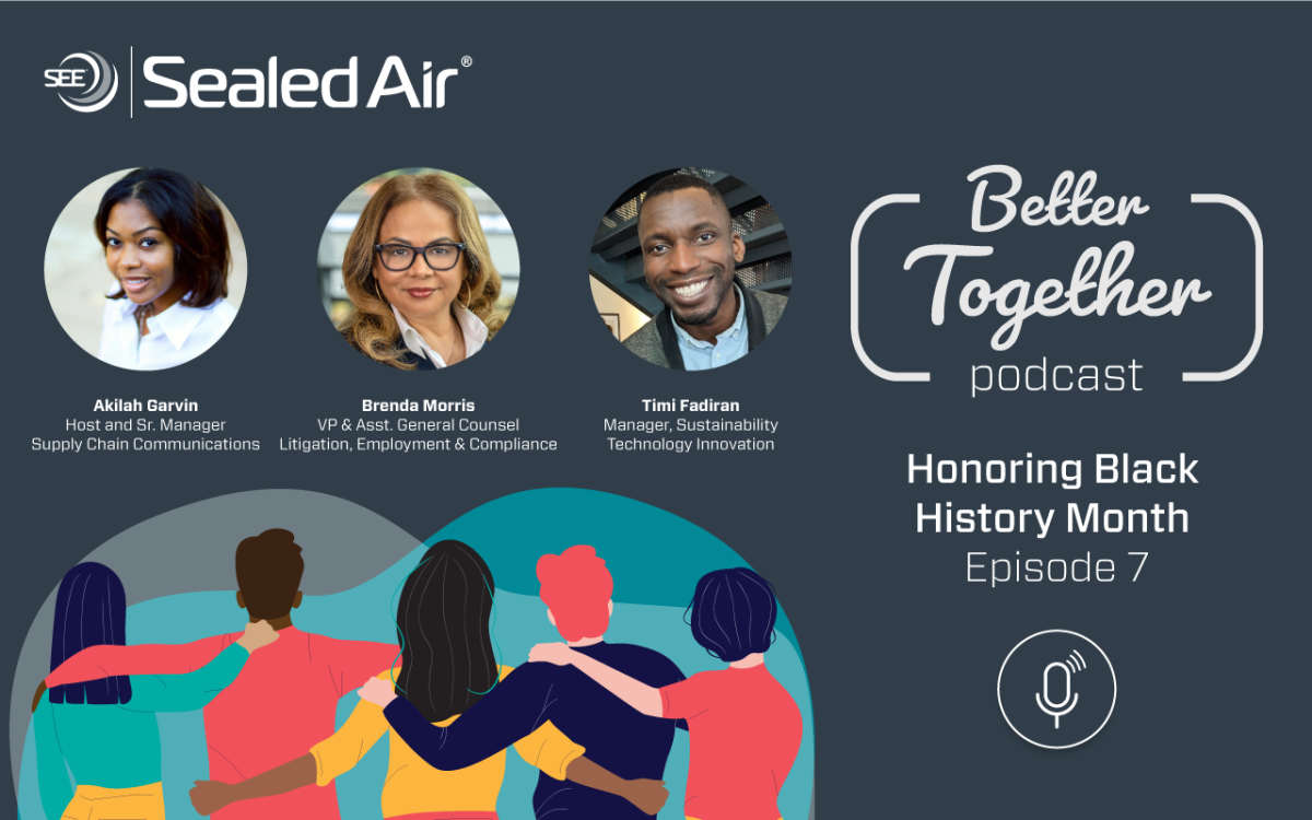 Headshots of Sealed Air employees heard on Ep. 7 of the company's podcast: Akilah Garvin, Brenda Morris and Timi Fadiran