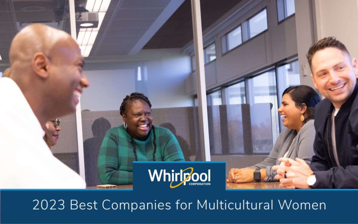 People in an office laughing. Whirlpool logo and "2023 Best Companies for Multicultural Women"