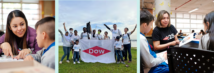 Collage of three photos. An adult and child looking at a piece of paper on a desk, A small group with raised hands behind a "Dow" sign, and An adult showing two children a sheet of paper.