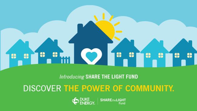 Illustration of houses with the sun shining on them with the words, "Introducing Share the Light Fund: Discover the power of community"
