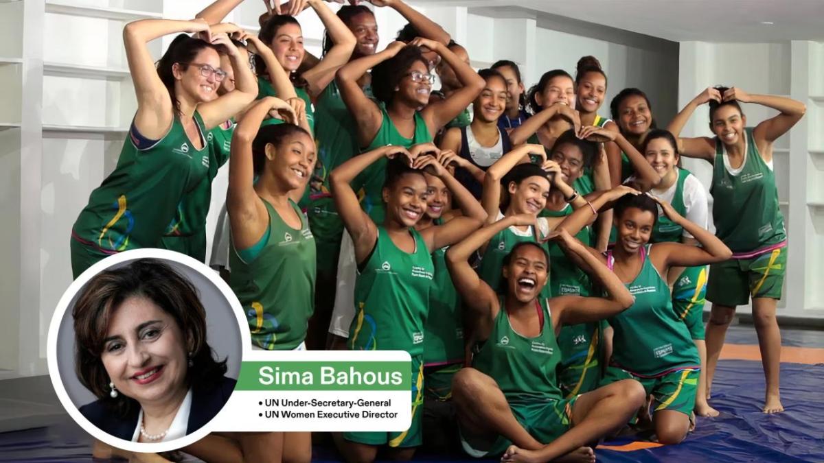 Sima Bahous profile in left corner, main image of a group of female athletes posing with arms over their heads.