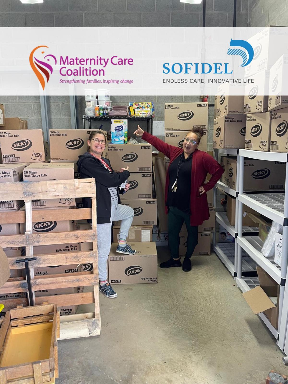 Angie Bellow and her colleague in the Maternity Care Coalition warehouse