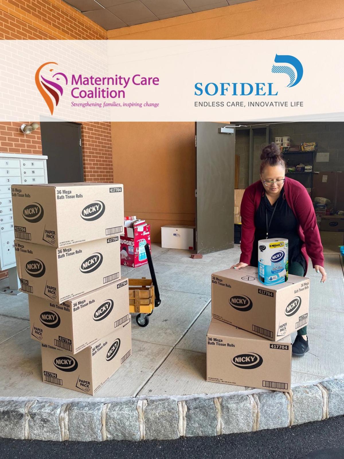 A Maternity Care Coalition worker receiving the delivery