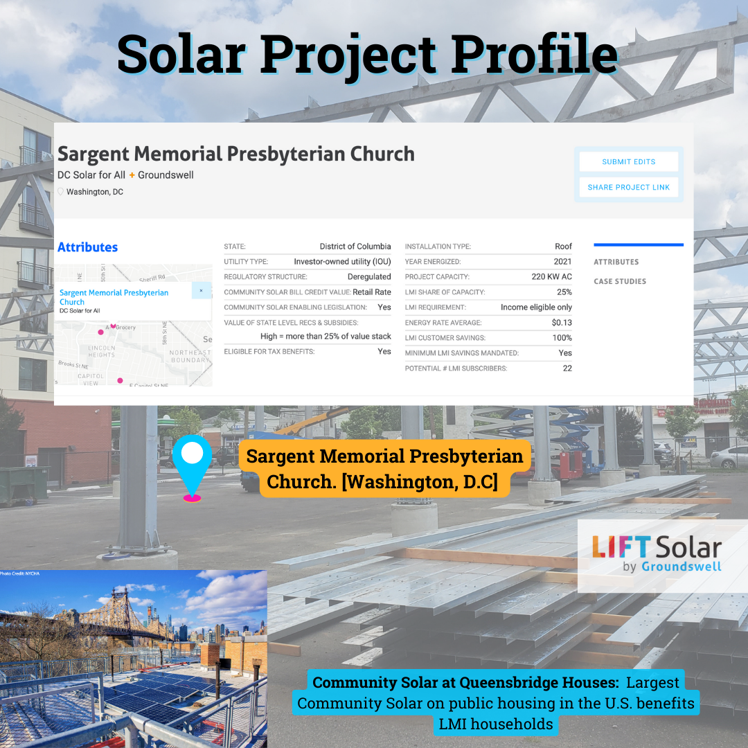 The graphic shows a Solar Project Profile from Sargent Memorial Presbyterian in D.C church as well as a picture from Community Solar at Queenbridge Houses in New York.