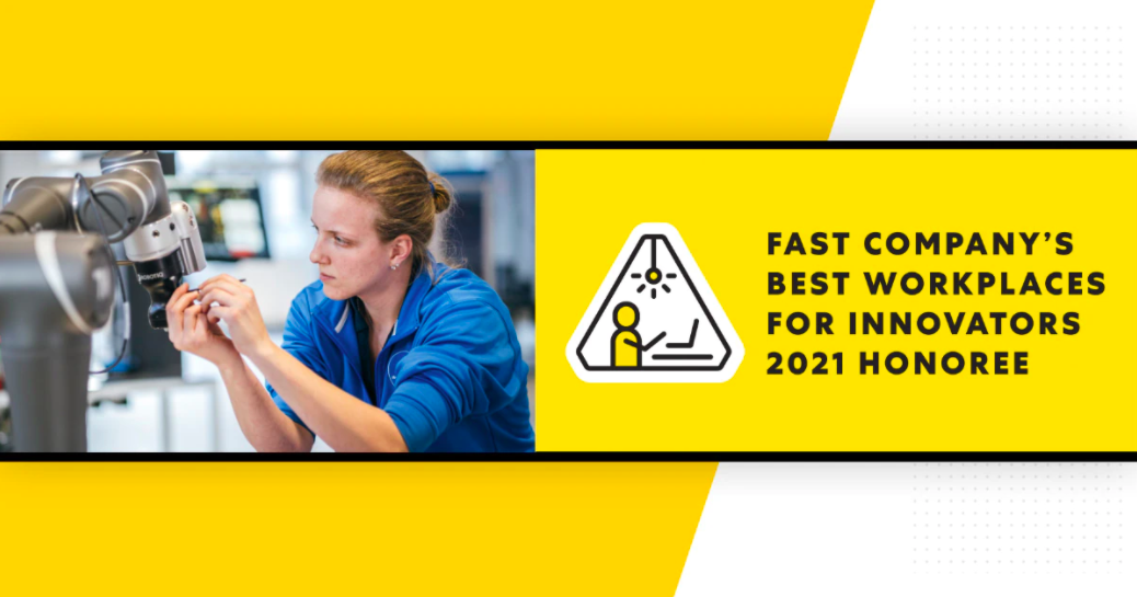 Banner image of Stanley Black and Decker worker with banner reading "Fast Company's Best Workplaces for Innovators 2021 Honoree"