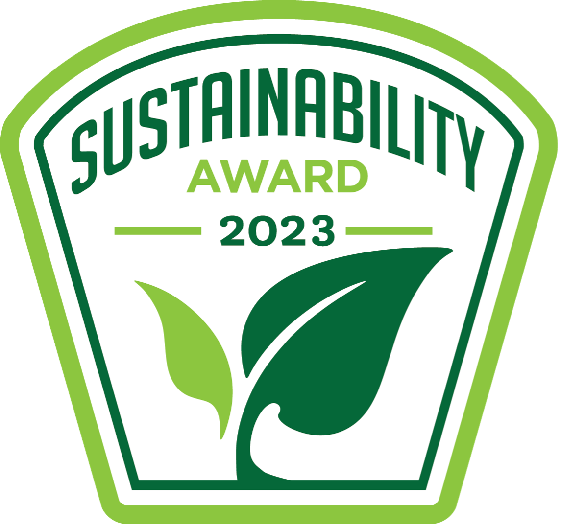 Dark and light green colors make up two leafs of a plant that is placed below the words, "Sustainability Award 2023"