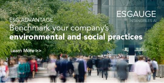 Crowd of people in the city with the text, "ESGAUGE: ESG Advantage - Benchmark your company's environmental and social practices"
