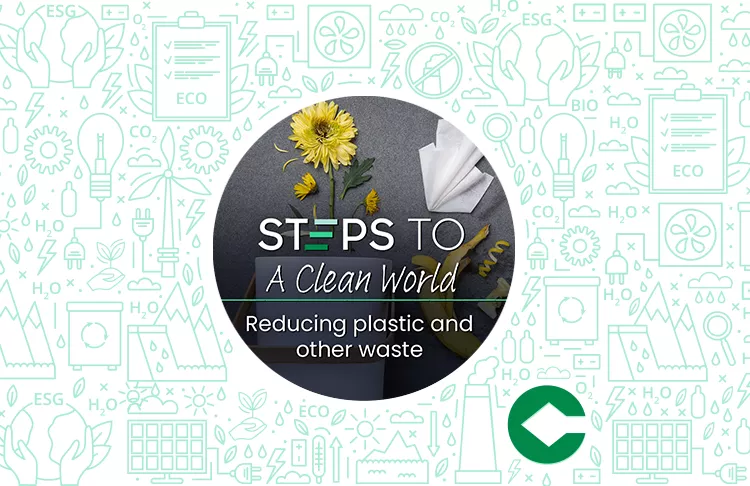 Logo with the words "STEPS TO A Clean world - Reducing plastic and other waste"