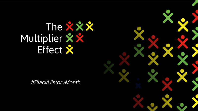 "The Multiplier Effect" #Blackhistorymonth. Stick figure people scattered in red, yellow, and green.