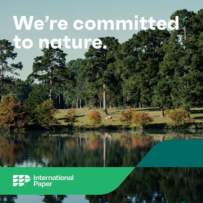 "We're committed to nature." superimposed on landscape with the International Paper logo at the bottom