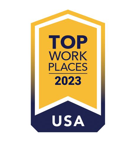 Gold and blue badge "Top Work Places 2023 USA"