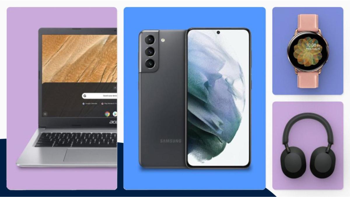 Collage of different technology products including a laptop, smartphone, smart watch and headphones
