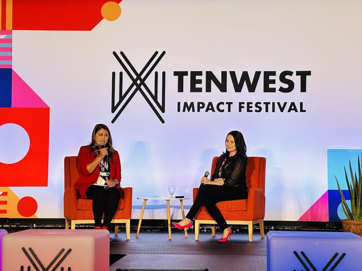 Tenwest Impact Festival;  GoDaddy’s Sr. Director of Venture Forward, Alexandra Rosen shown on stage.