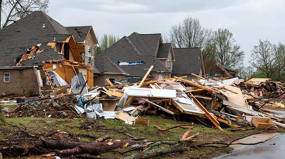 Tornado destruction in a neighborhood.