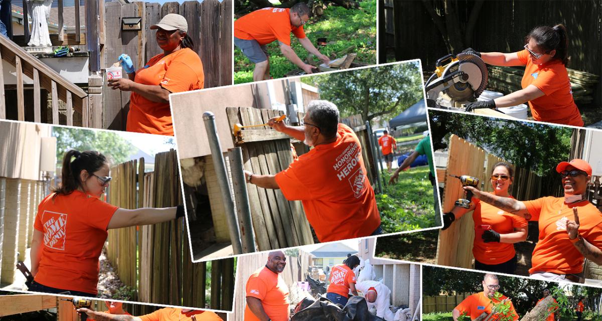 Collage of The Home Depot volunteers repairing her house.