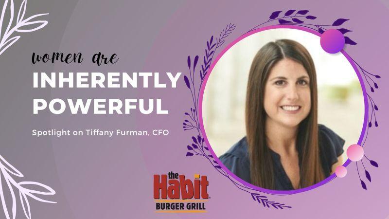 Tiffany Furman, portrait framed with purple leaves. The Habit Burger Grill logo and "Women are inherently powerful. Spotlight on Tiffany Furman, CFO"