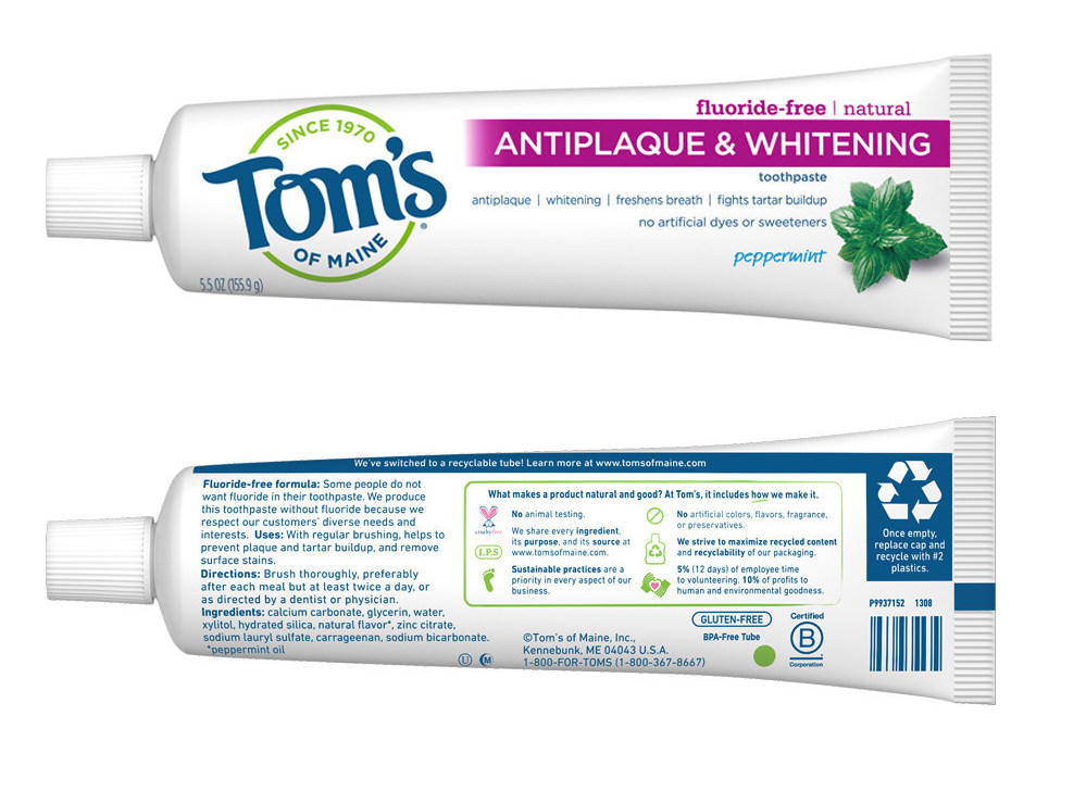 sustainable packaging Tom's of Maine recyclable toothpaste tube