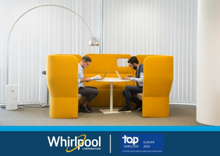"Whirlpool Corporation: top employer Europe 2022" logo with people working on an orange couch