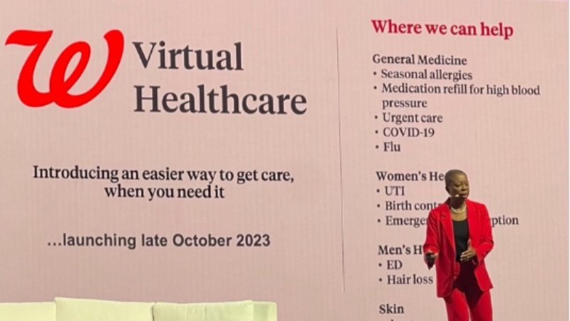Tracey Brown presenting and a digital display behind her with the Walgreens logo and "Virtual Healthcare" with bullet points.