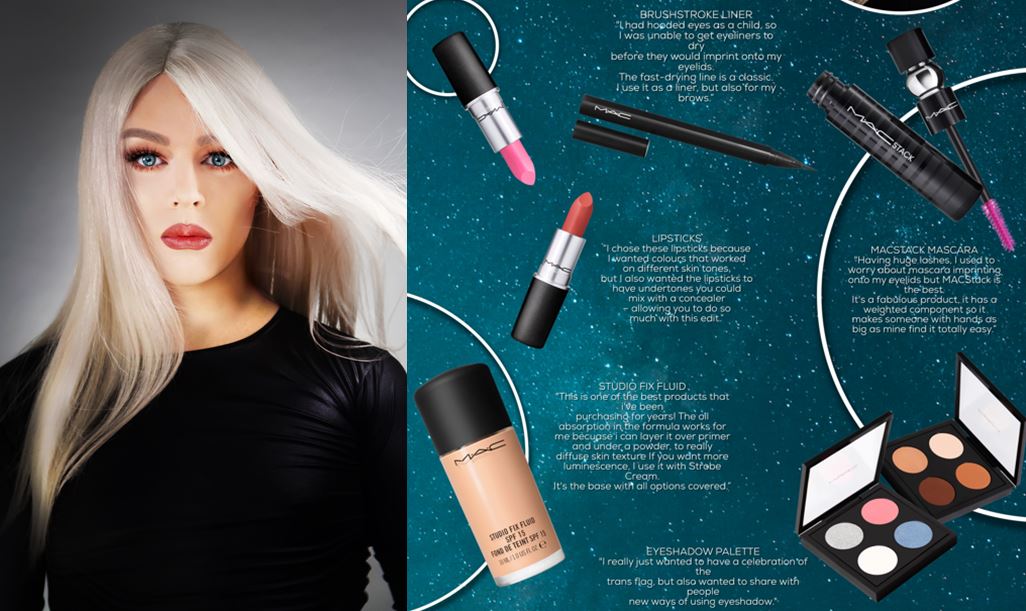 Trans model featured next to multiple make up products