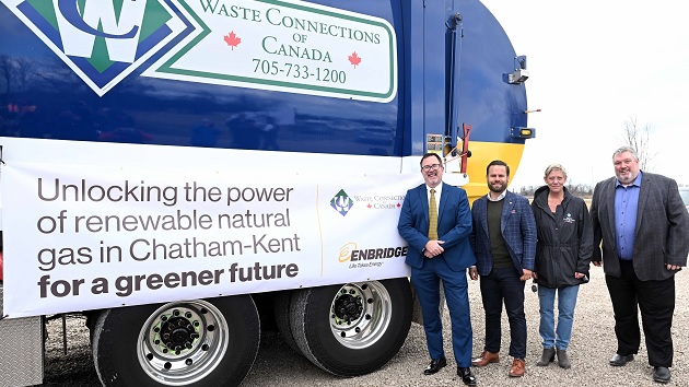 From left, Darrin Canniff, Mayor of the Municipality of Chatham-Kent; David Piccini, Ontario's Minister of Environment, Conservation and Parks; Cathy Smith, Project Manager, RNG Ridge Landfill; and Jim Redford, VP of Energy Services, Gas Distribution and Storage, Enbridge Gas.