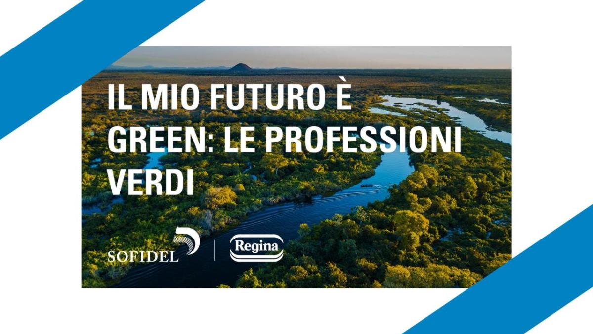 "My future is green" in Italian with forest and a river in the background