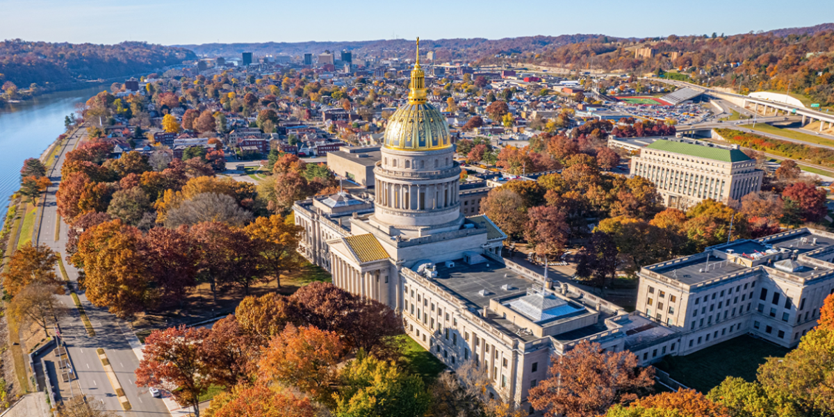 Aerial view of the West Virginia Capitol building.